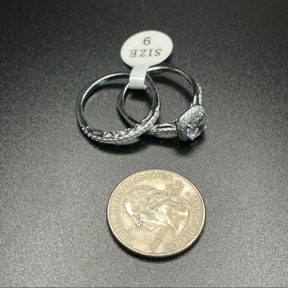925 Sterling Silver Diamond 2‎ Band Ring Set Sz 9